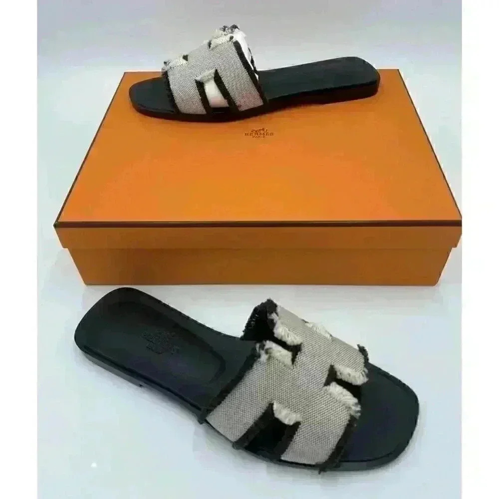 Hermes Oran Sandal Fringed Denim Slides Brown White 36.5 6.5 H Cut Out Leather - Picture 4 of 12